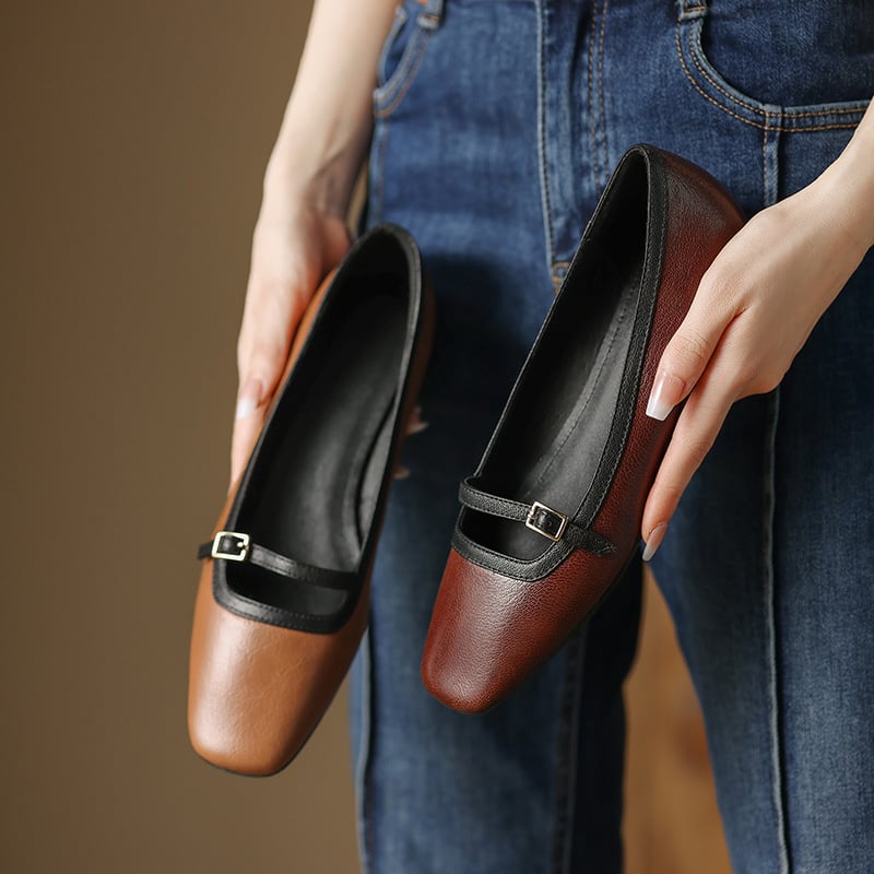 Roneisha Square Toe Block Heels Mary Jane Flats