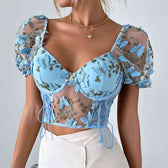 Butterfly Whispers Embroidery Charming Mesh Corset Top Blue / S