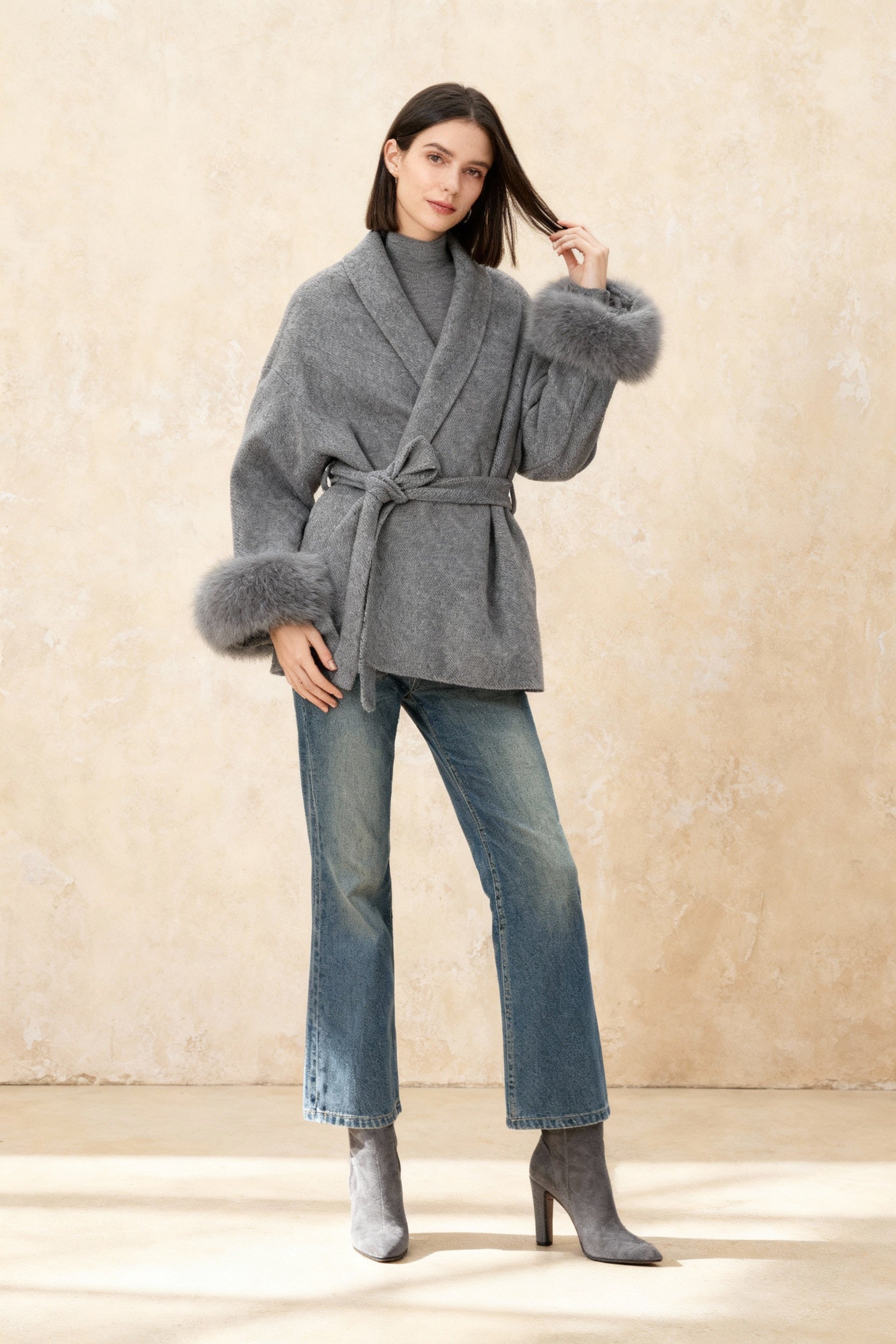 Cashmere Coat With Fur Cuffs Fox Fur Overcoat