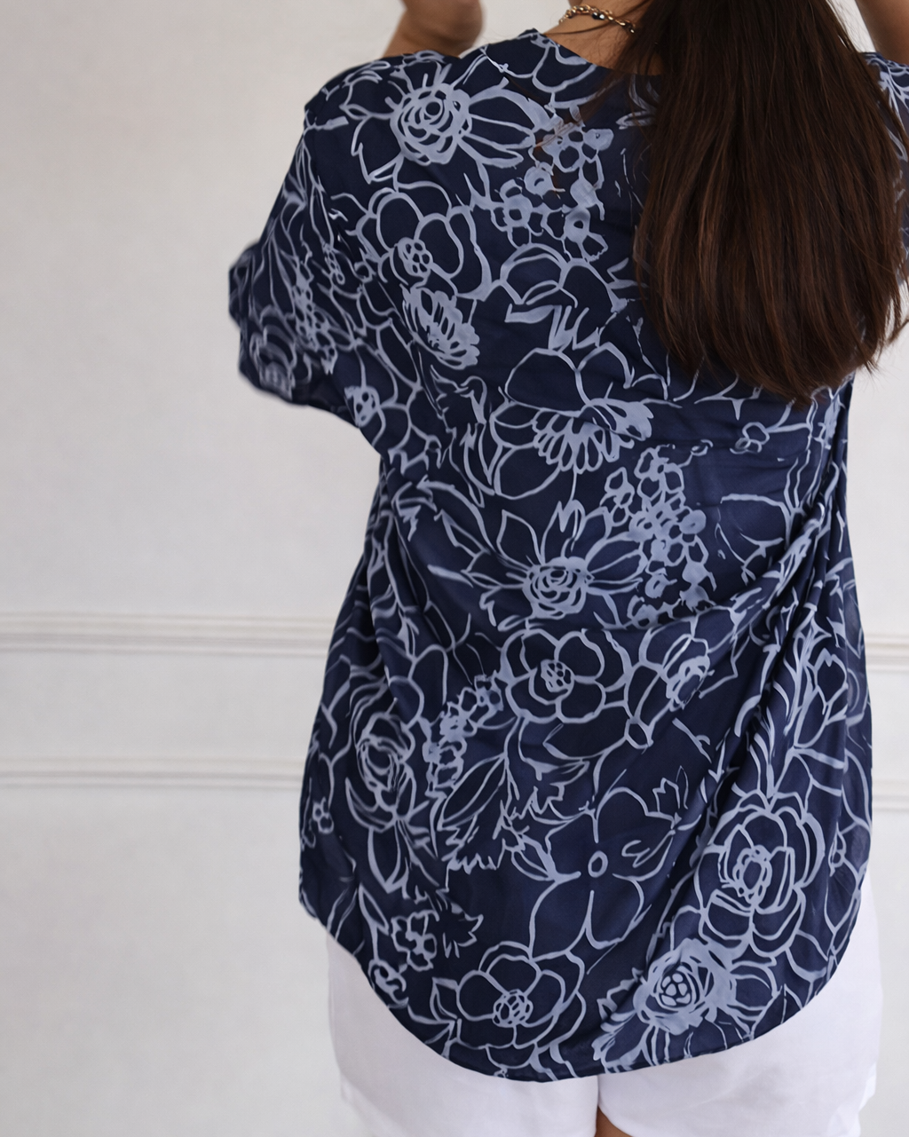Floral Print Sequin Pocket Half Sleeve Blouse