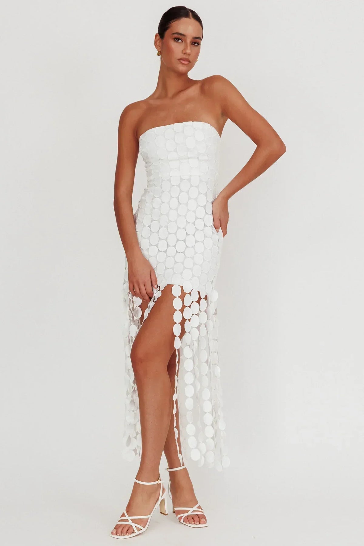 Strapless Circle Disc Sequin Fringe Hem High Split Mini Dress