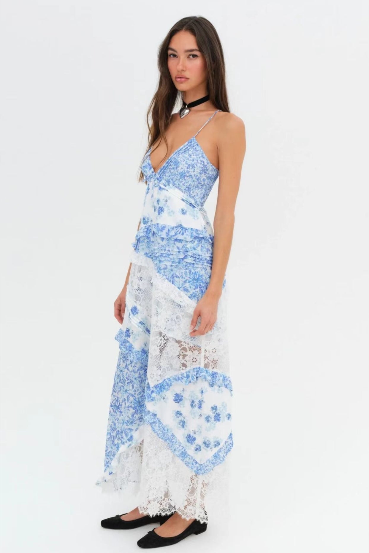 Floral Lace Deep V-Neck Spaghetti Strap Maxi Dress 7
