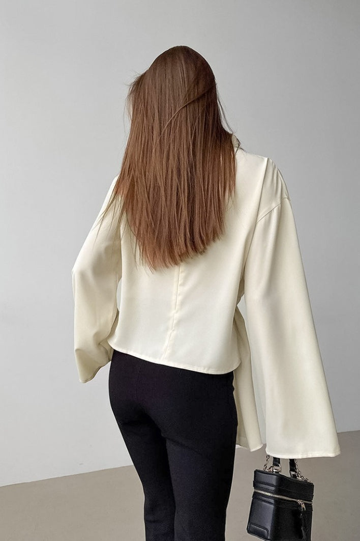 Mock Neck Draped Twist Waist Wide Flare Sleeve Satin Blouse 4