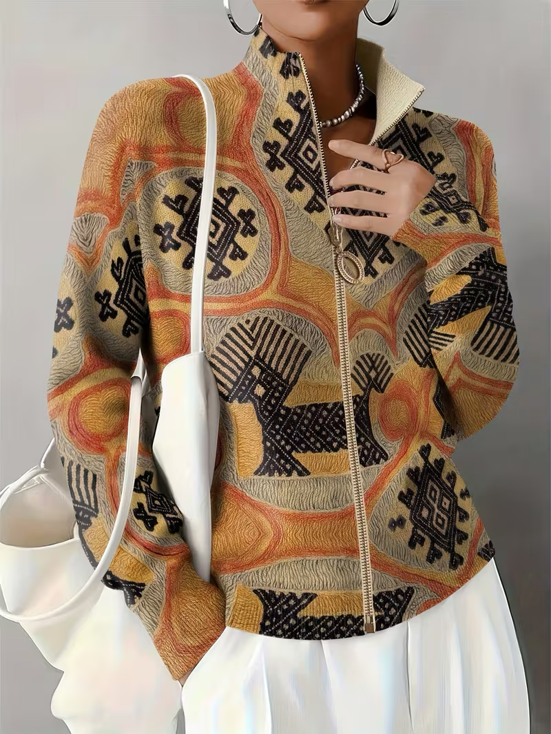 Aztec Print Zip Front Stand Collar Cardigan