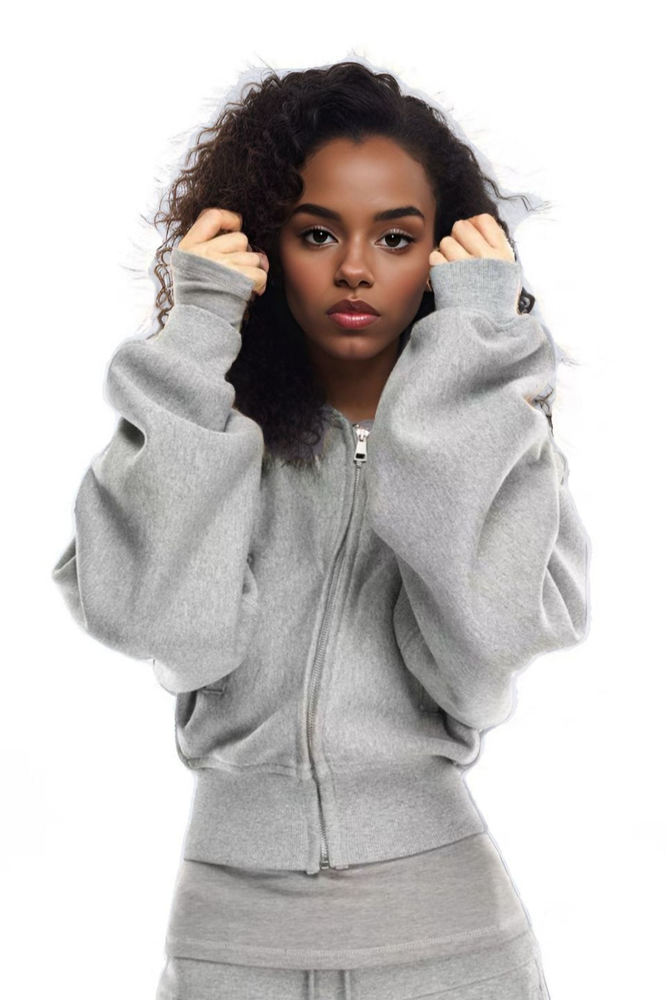 Vintage Gray Fur Collar Zip Hoodie