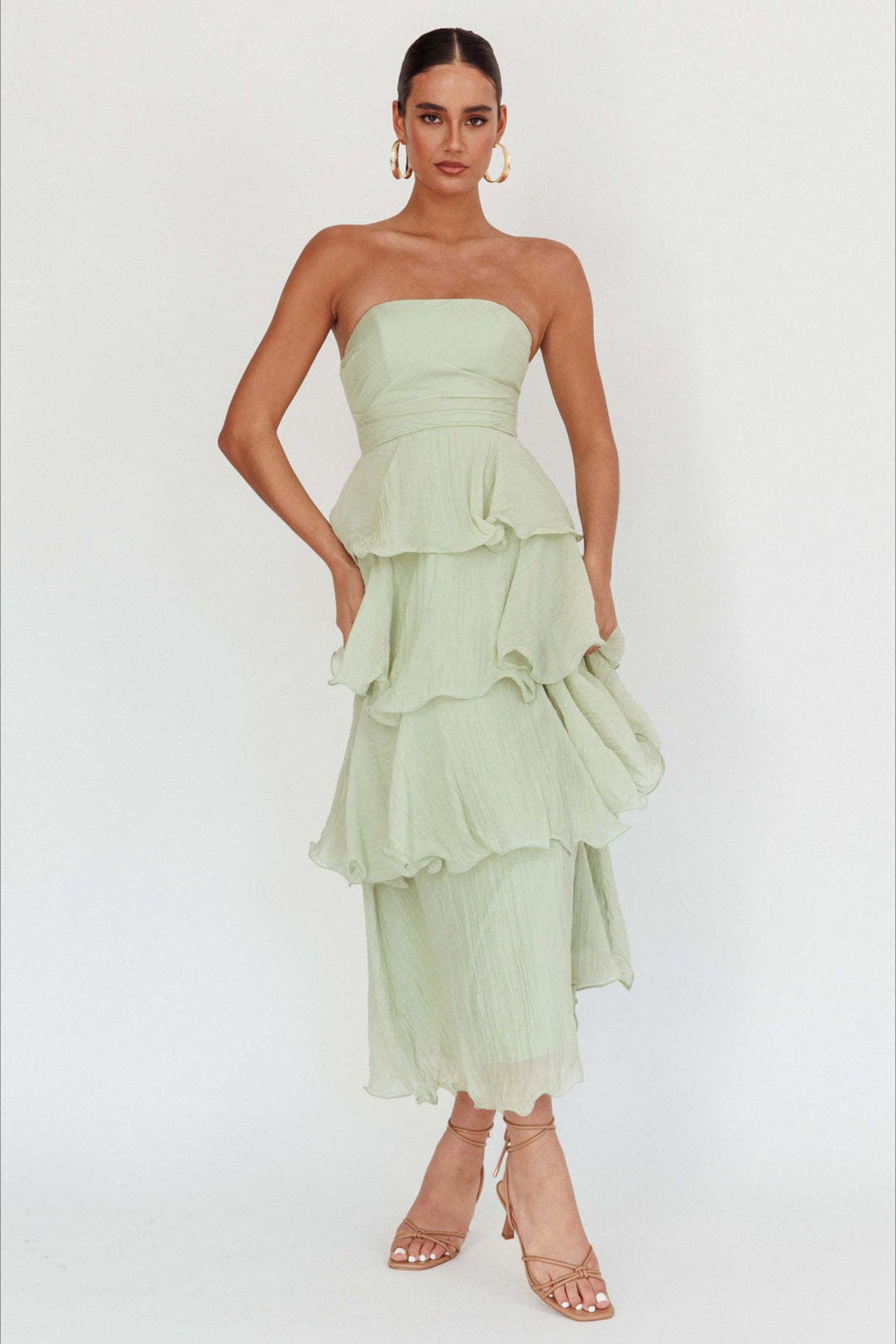 Strapless Tiered Ruffle Fit and Flare Midi Dress