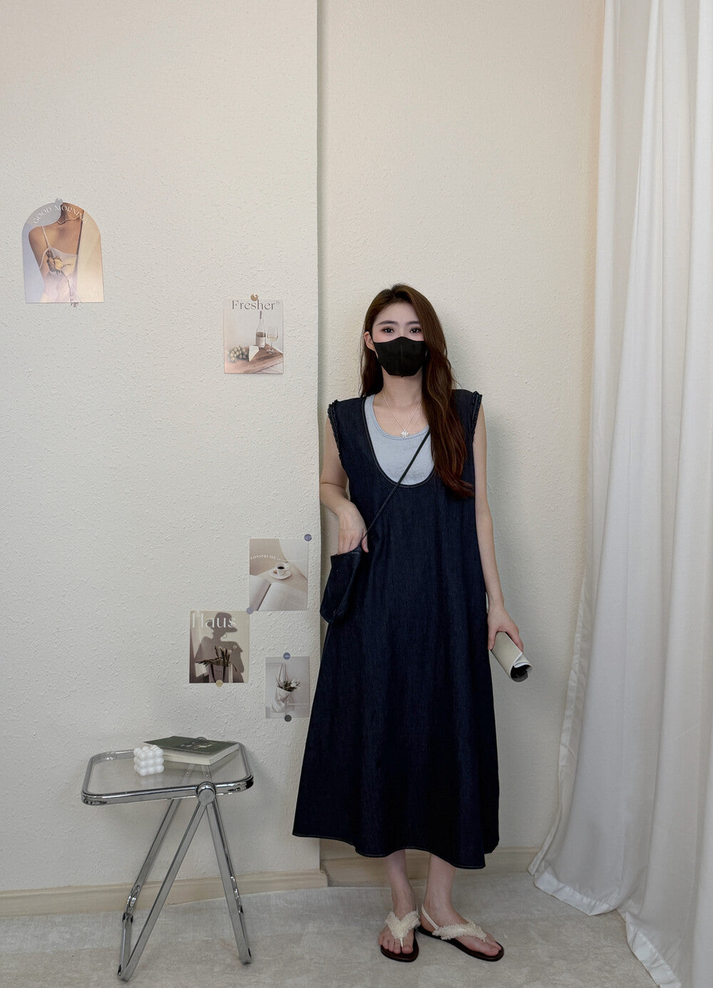 Faux Two Piece Denim Sleeveless Ruffle Trim A-Line Midi Dress 25