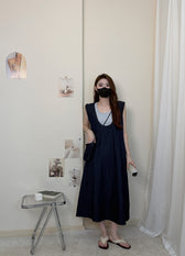 Faux Two Piece Denim Sleeveless Ruffle Trim A-Line Midi Dress 25