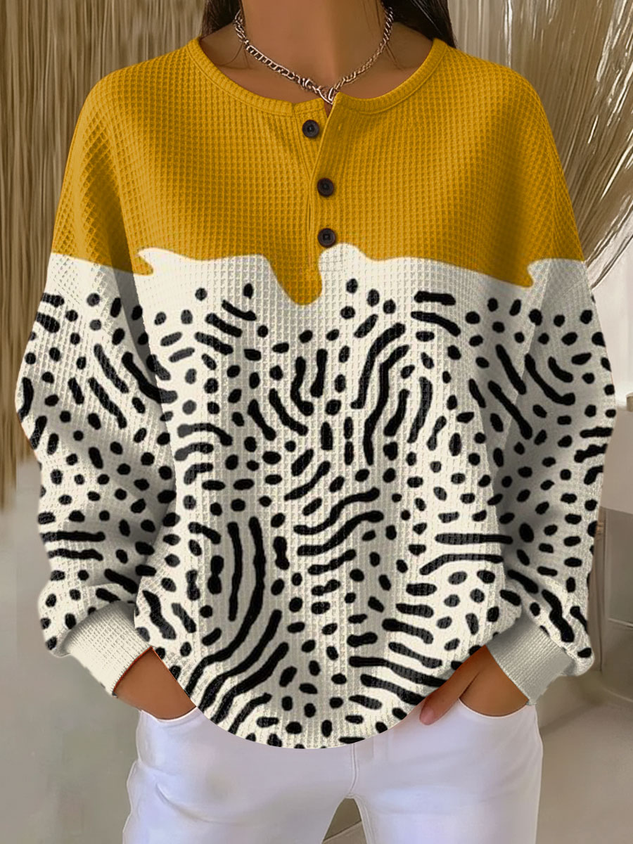 Button Placket Color Block Waffle Knit Sweater