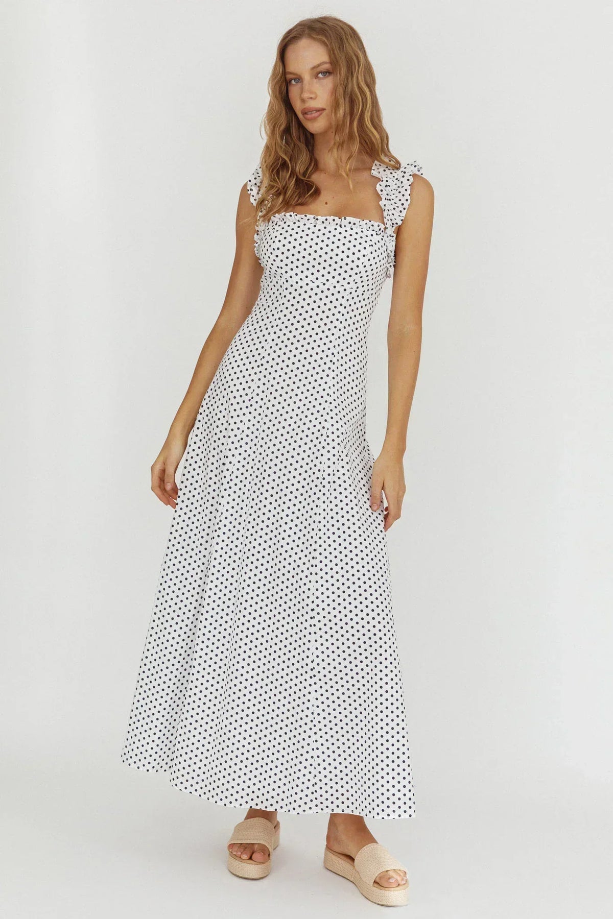 Polka Dot Square Neck Frill Strap Fit and Flare Maxi Dress