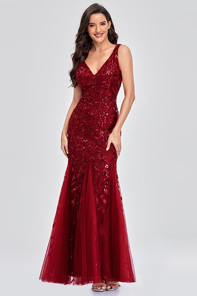 Sequin V-Neck Embroidered Mermaid Maxi Prom Dress