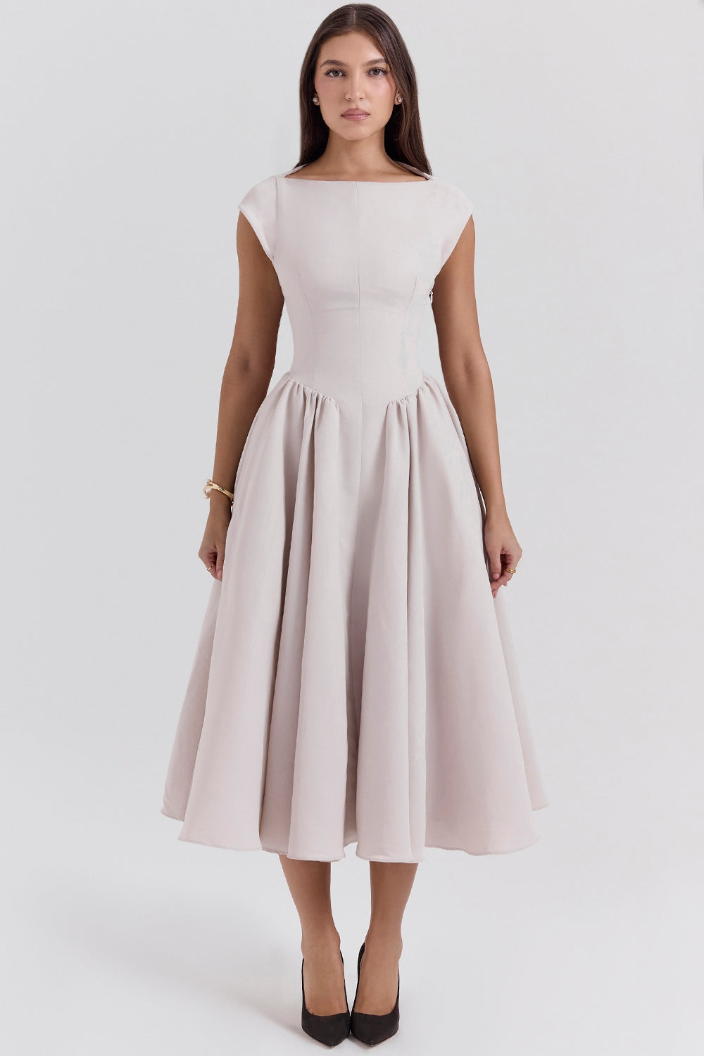 Boat Neck Cap Sleeve Drop Waist Full Skirt Midi Dress
