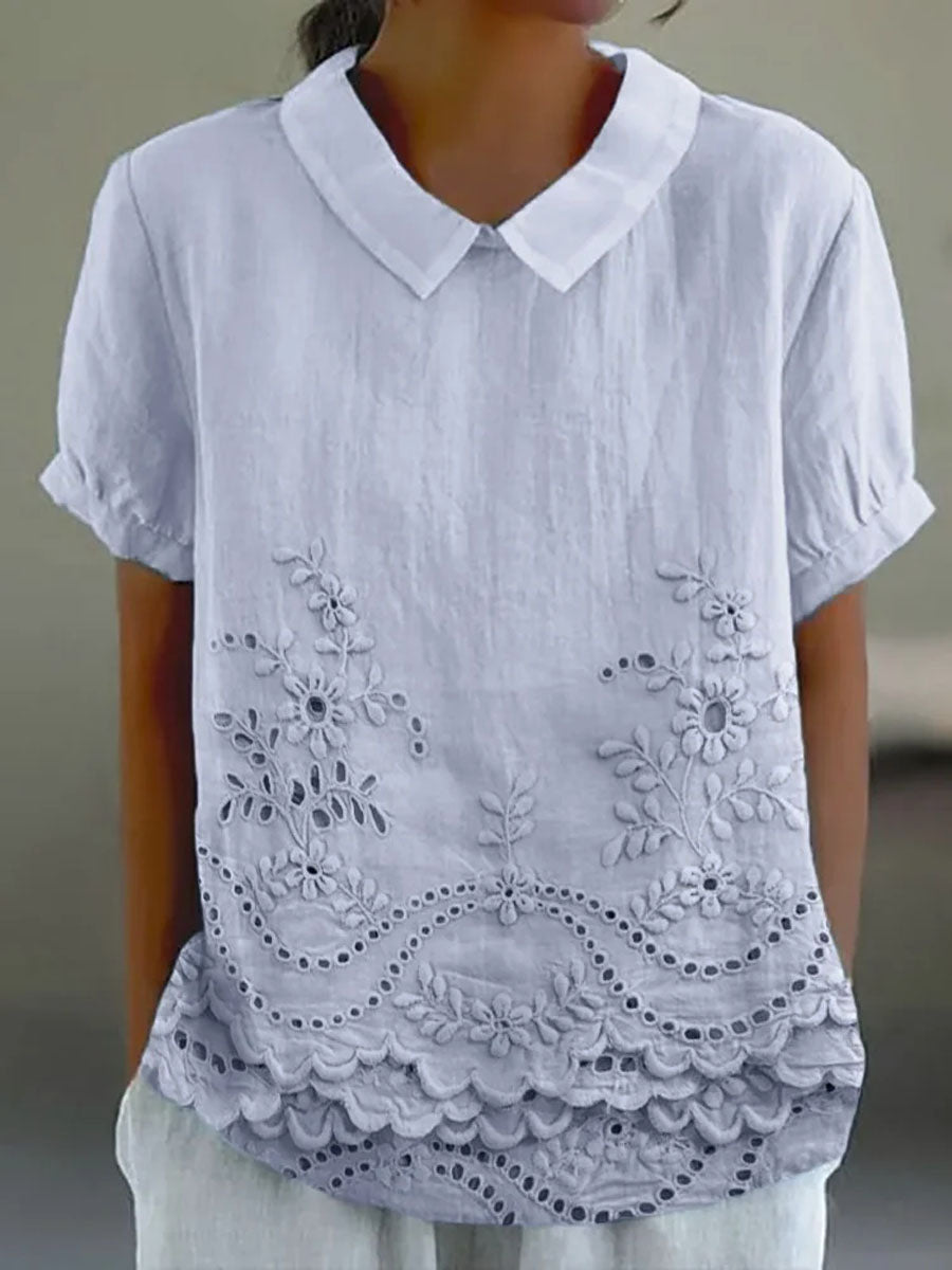 Collared Short Sleeve Eyelet Embroidered Scalloped Hem Blouse