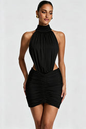 Halter Ruched Cutout Fitted Mini Dress