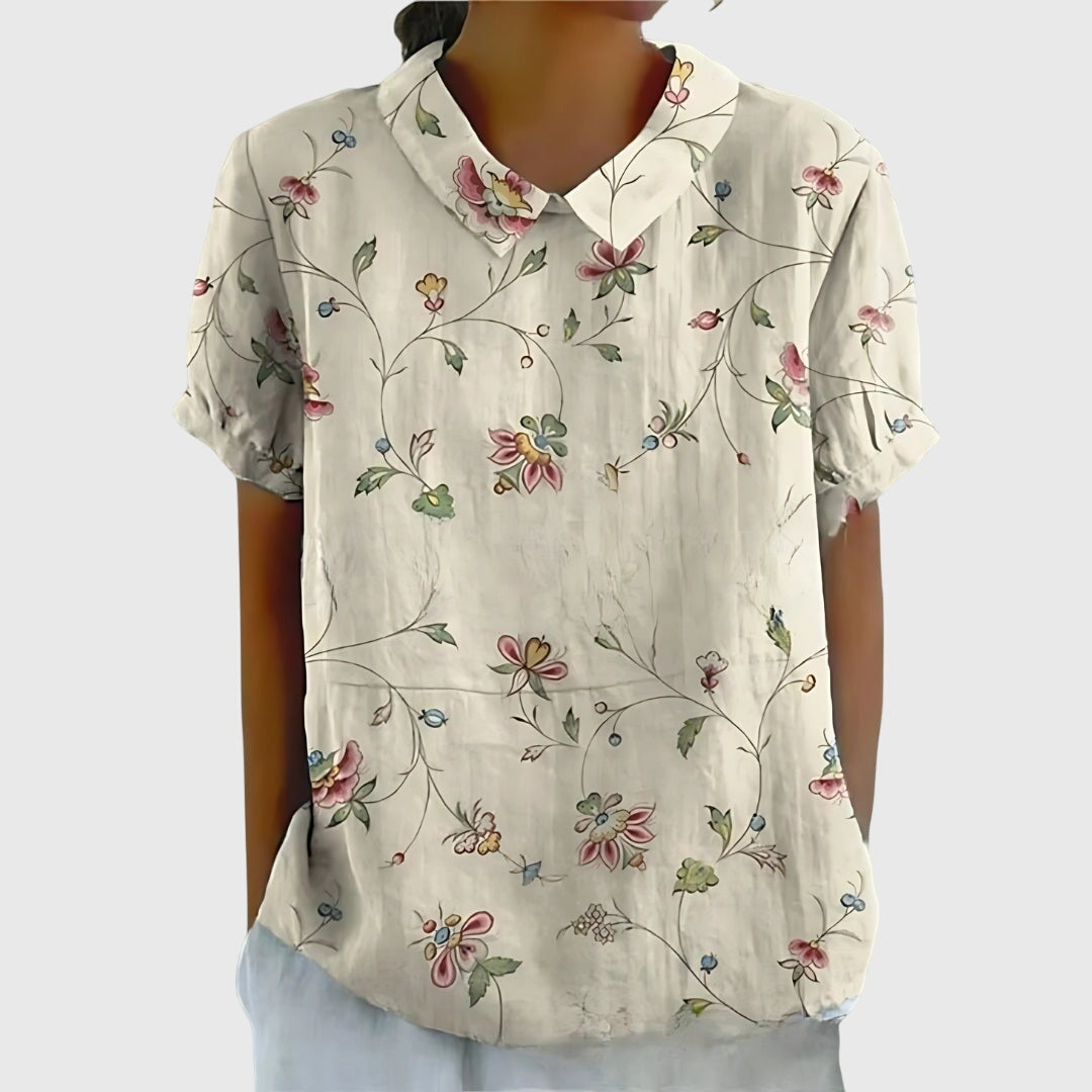 Floral Print Notch Neck Short Sleeve Linen Blouse 13