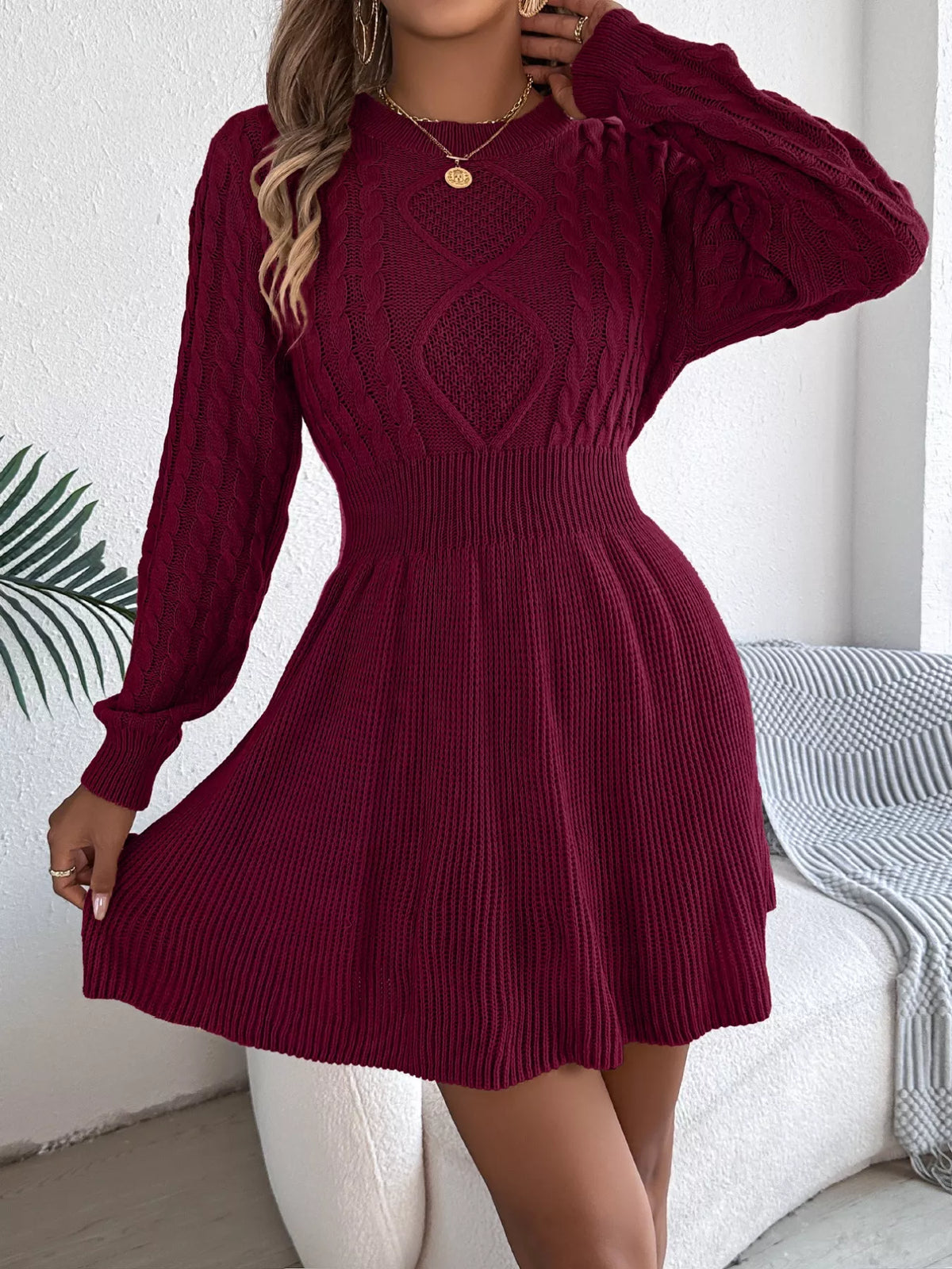 Cable Knit Crew Neck Long Sleeve Fit and Flare Sweater Mini Dress 10