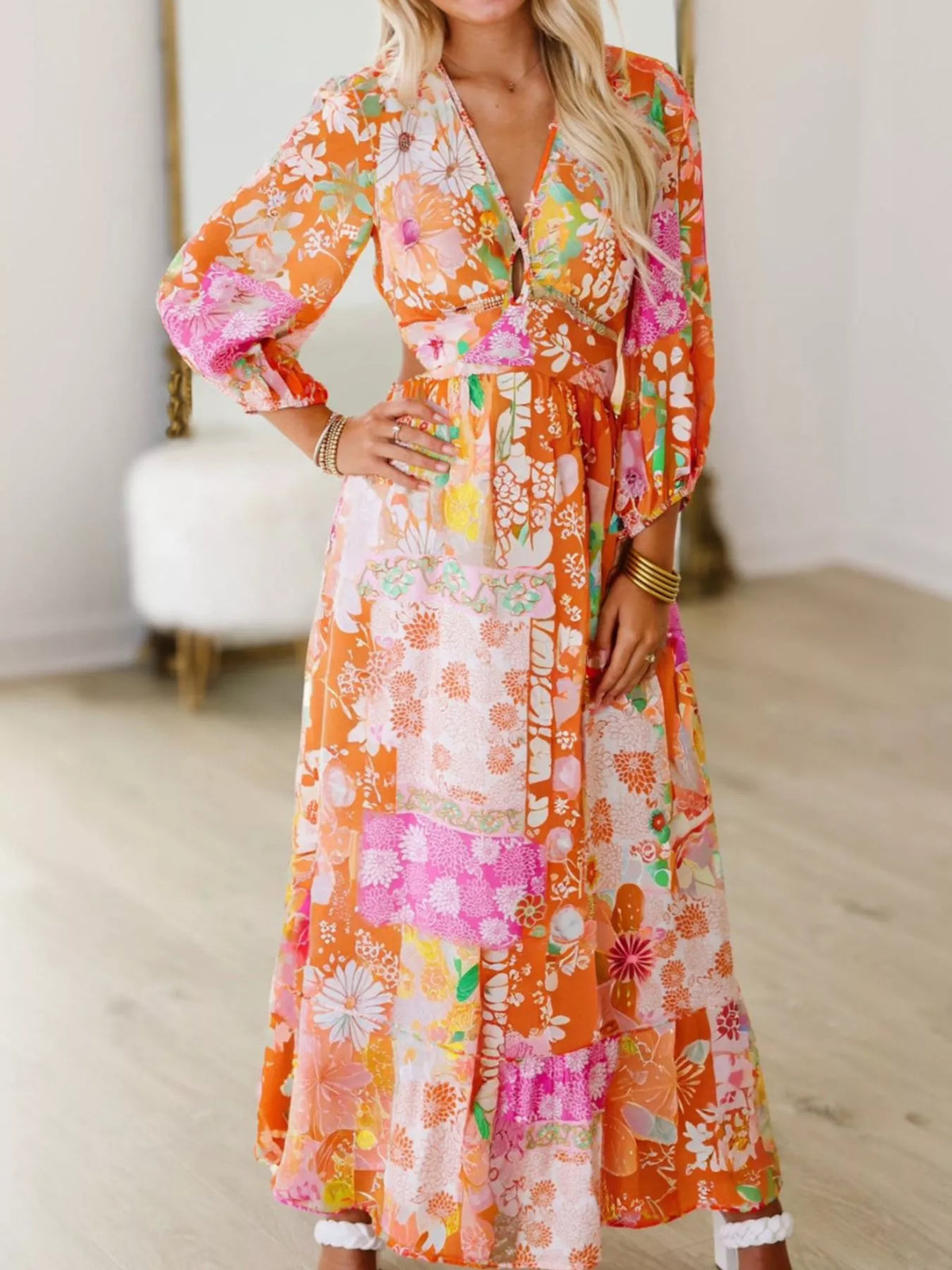 Floral Patchwork Print V-Neck Balloon Sleeve Cut Out Maxi Dress