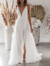 White Wedding Deep V Neck Backless Lace Split Maxi Dress