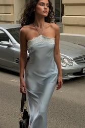 Lace Halter Satin Insert Trim Slim Lace Dress