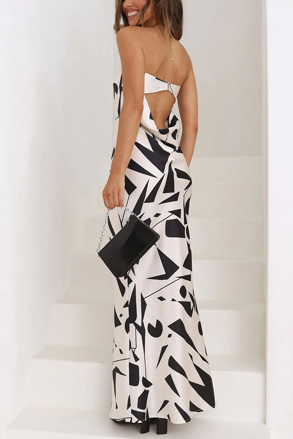 Cassy Satin Geometric Print Off Shoulder Maxi Dress - View 10