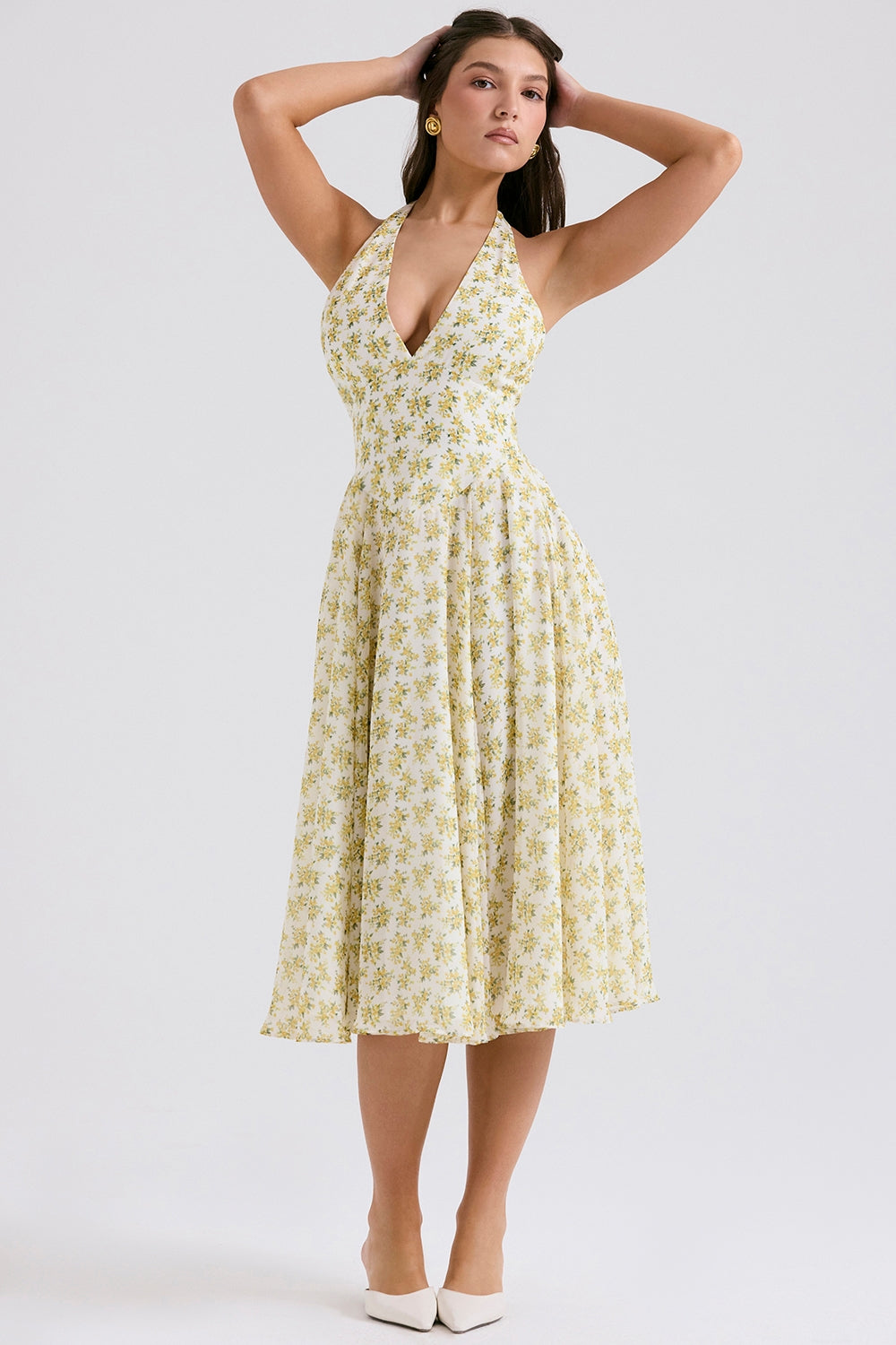 Ditsy Floral Halter Neck Plunge Fit and Flare Midi Dress 4