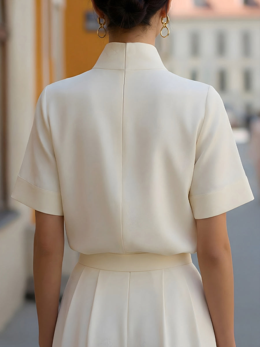 Stand Collar Split Neck Short Sleeve Blouse