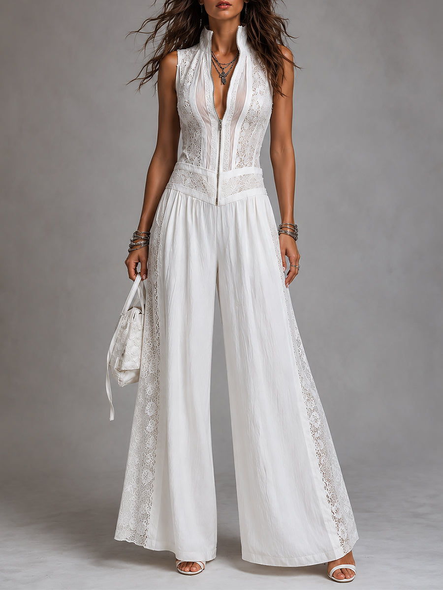Vintage jumpsuit with a high collar and wide legs, featuring lace panels