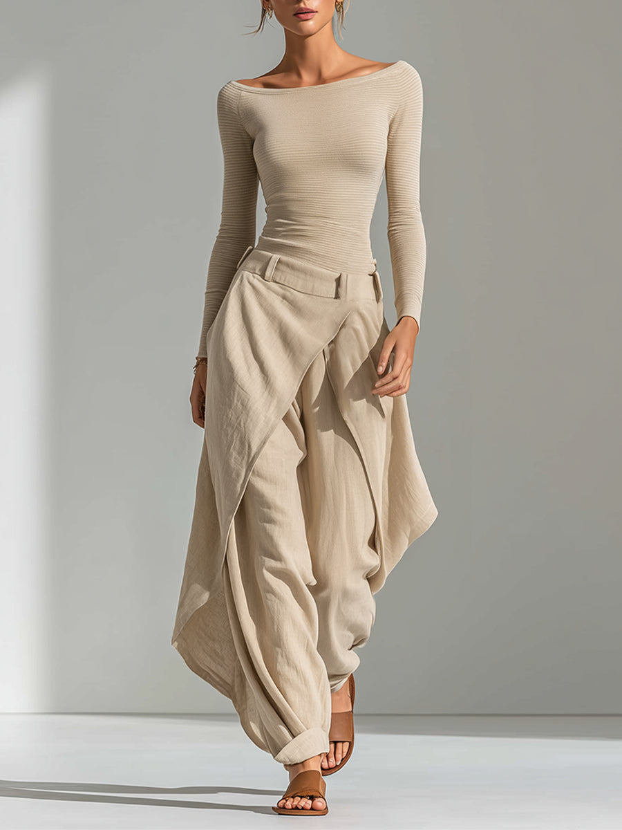 Boat Neck Long Sleeve Ribbed Top and Draped Wide Leg Pants Two Piece Set