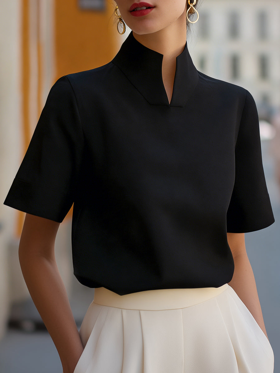 Stand Collar Split Neck Short Sleeve Blouse