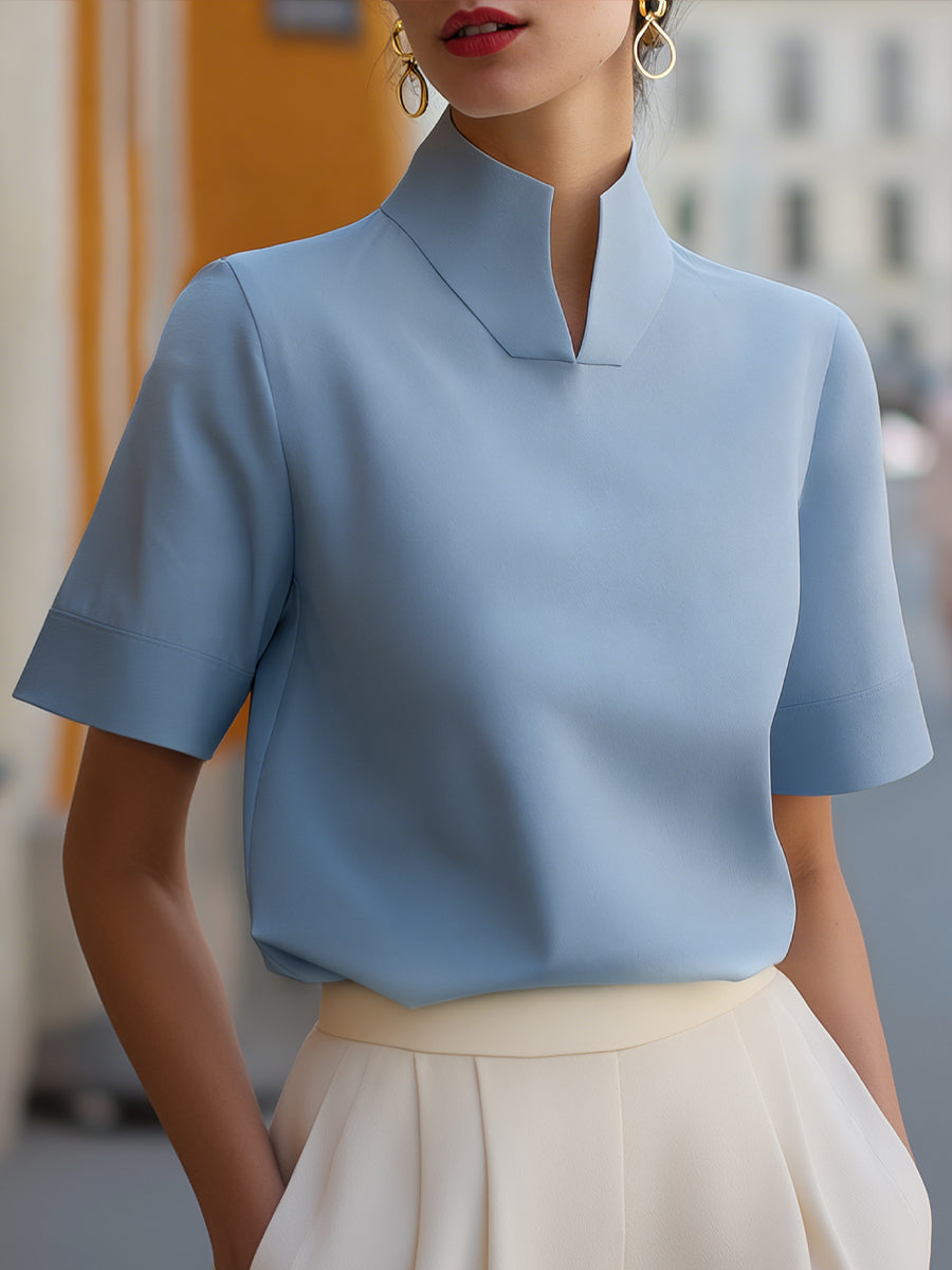 Stand Collar Split Neck Short Sleeve Blouse