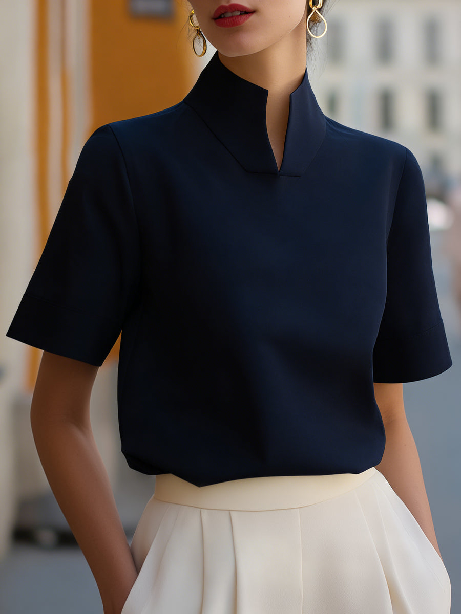 Stand Collar Split Neck Short Sleeve Blouse