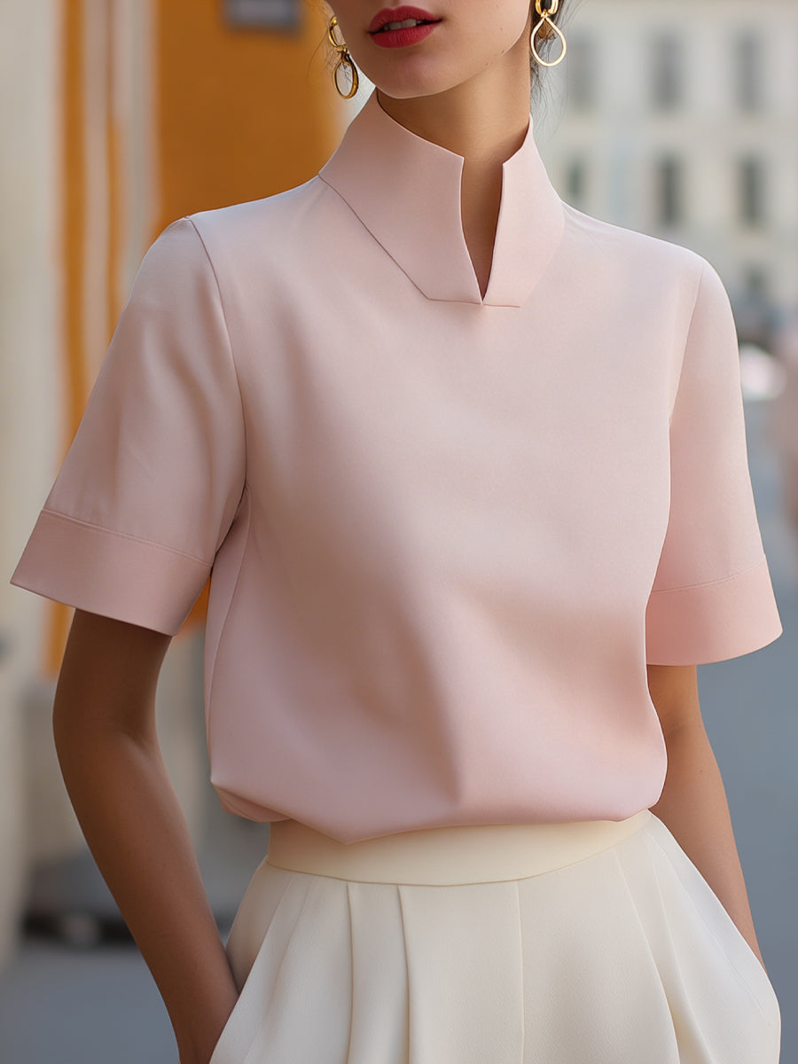 Stand Collar Split Neck Short Sleeve Blouse