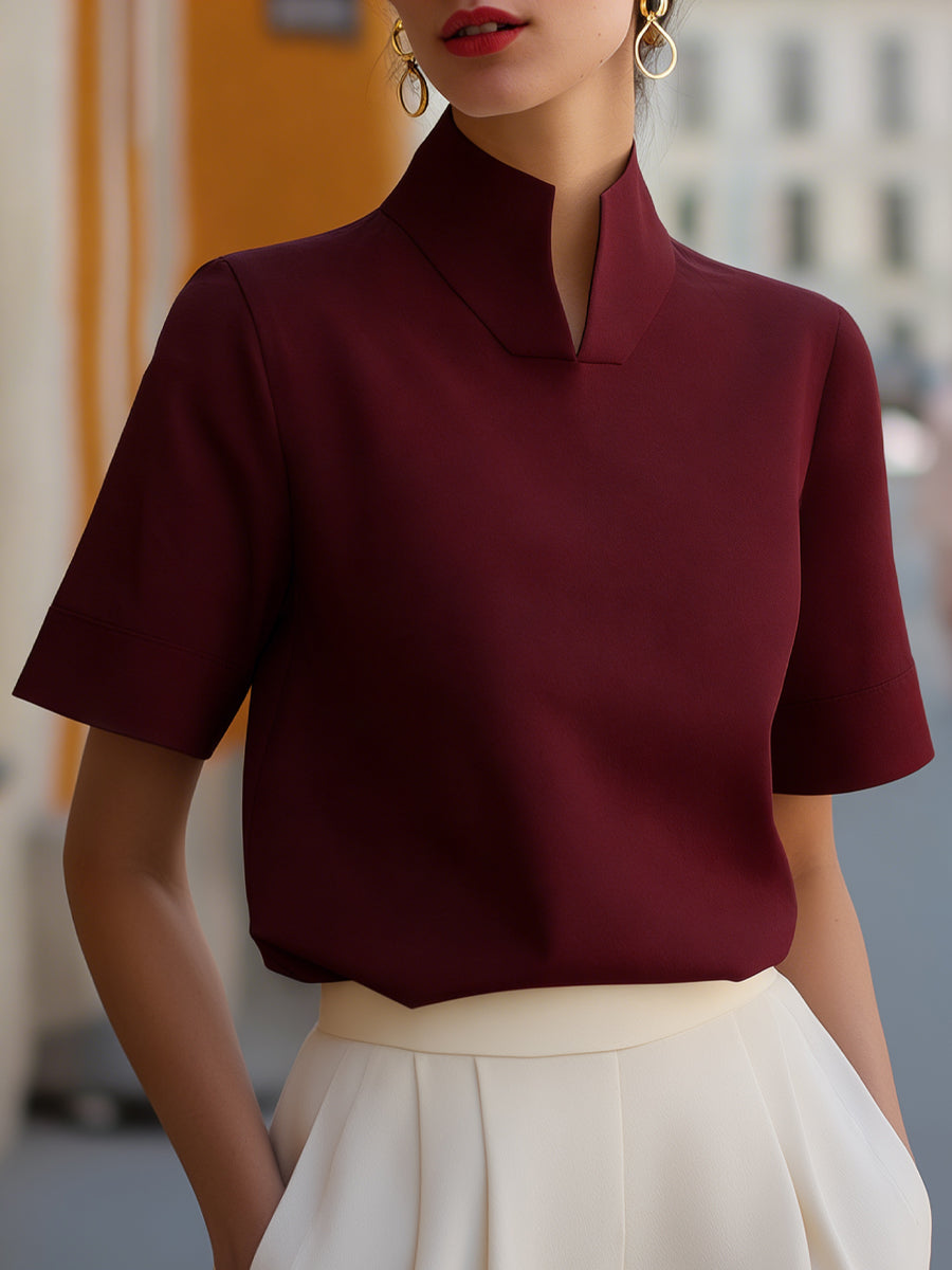 Stand Collar Split Neck Short Sleeve Blouse