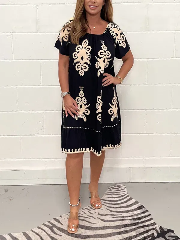 Geometric Pattern Multi Print Square Neck Dress Black S