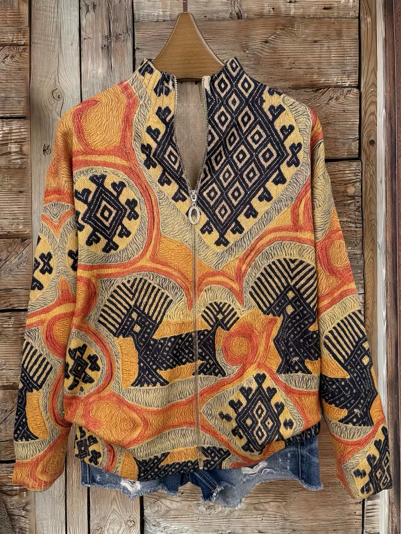 Aztec Print Zip Front Stand Collar Cardigan