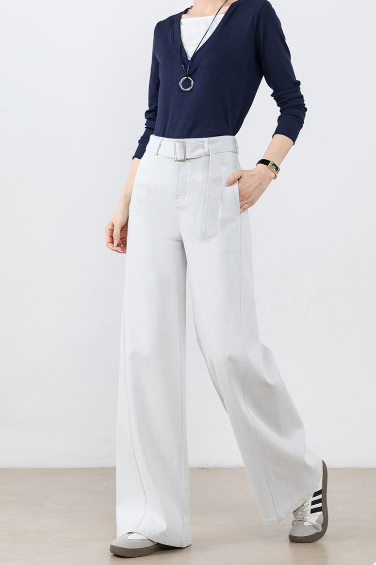 High Waist Belted Dark Wash Wide Leg Denim Jeans 7