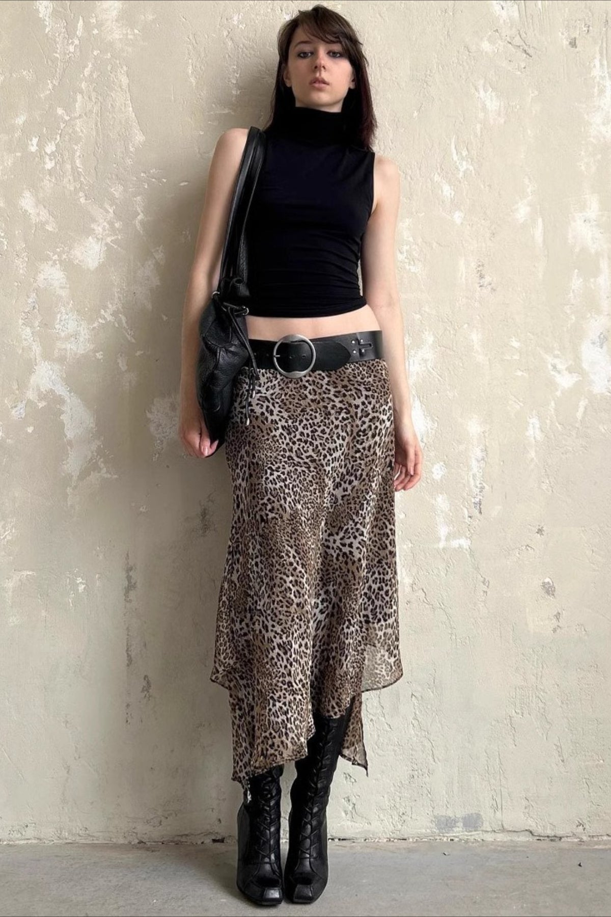Leopard Print Sheer Mesh Layered Hem Low Rise Midi Skirt 4