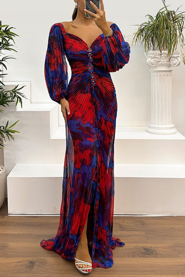 Sunset Serenade Printed Off Shoulder Diamond Maxi Dress - View 13