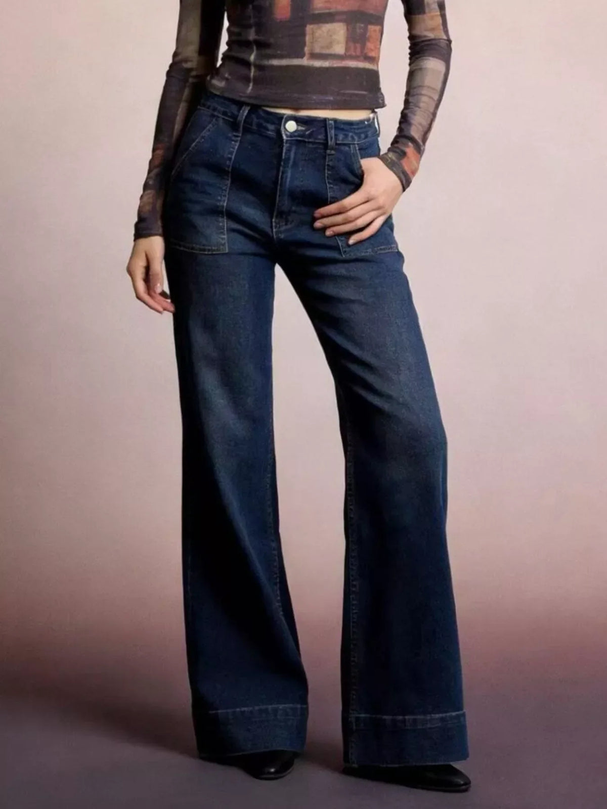 High Waist Patch Pocket Wide Cuff Hem Wide Leg Jeans 3