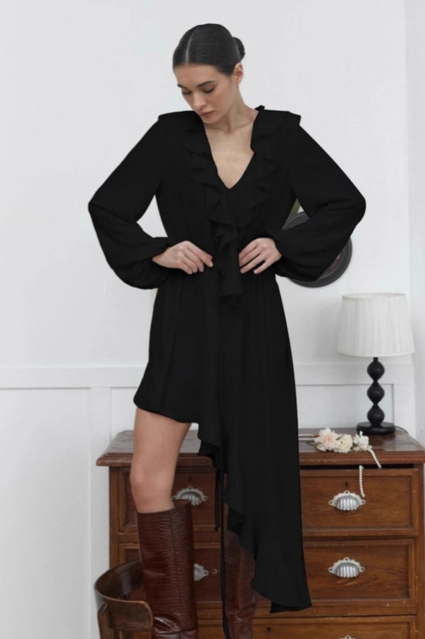 Chiffon Ruffled V Neck Midi Dress