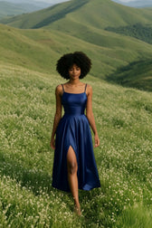 Blue Satin Spaghetti A-Line Prom Dress