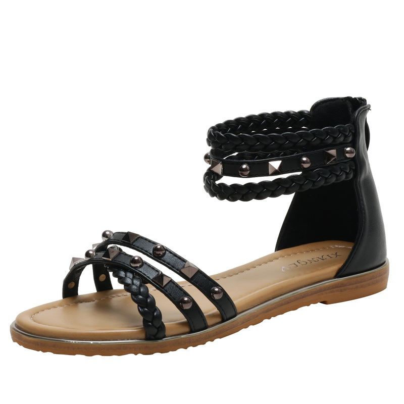 Rubber Flats Weave Rivet Casual Sandals