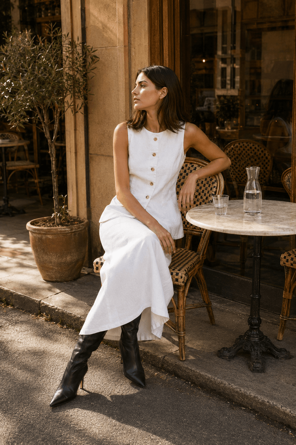 White Square Neck Sleeveless Vest Skirt Work Set