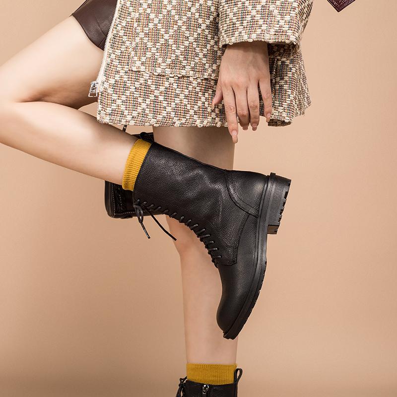 Full grain leather Combat Boots Designer Retro Chunky Buckle Boots Side Zip Brown/Black