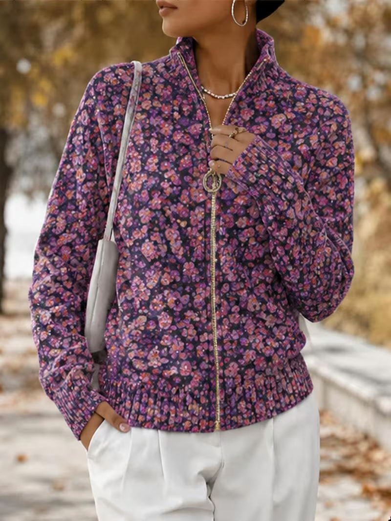 Ditsy Floral Print Zip Front Stand Collar Cardigan