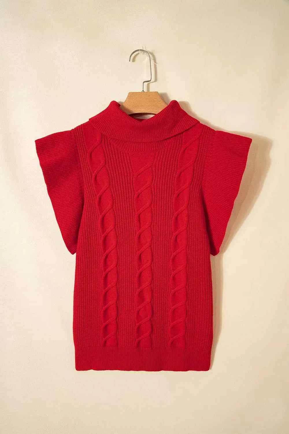 Cable Knit Turtleneck Ruffled Short Sleeve Sweater