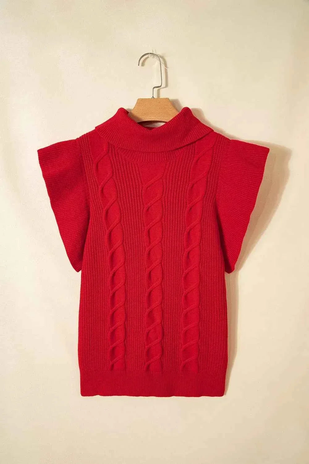 Turtleneck Ruffle Cap Sleeve Cable Knit Sweater 6