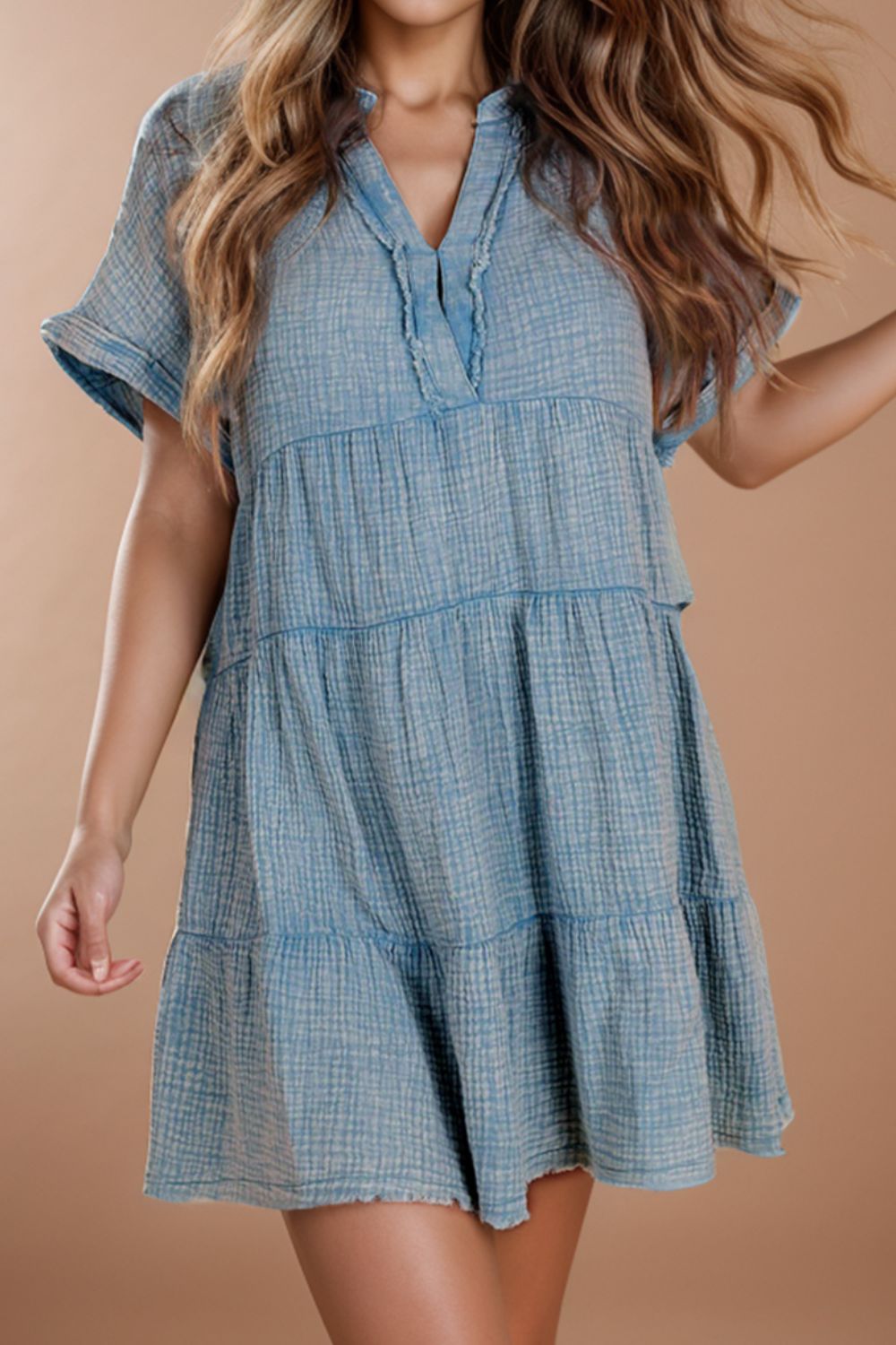 Tiered Notched Short Sleeve Dres Misty Blue
