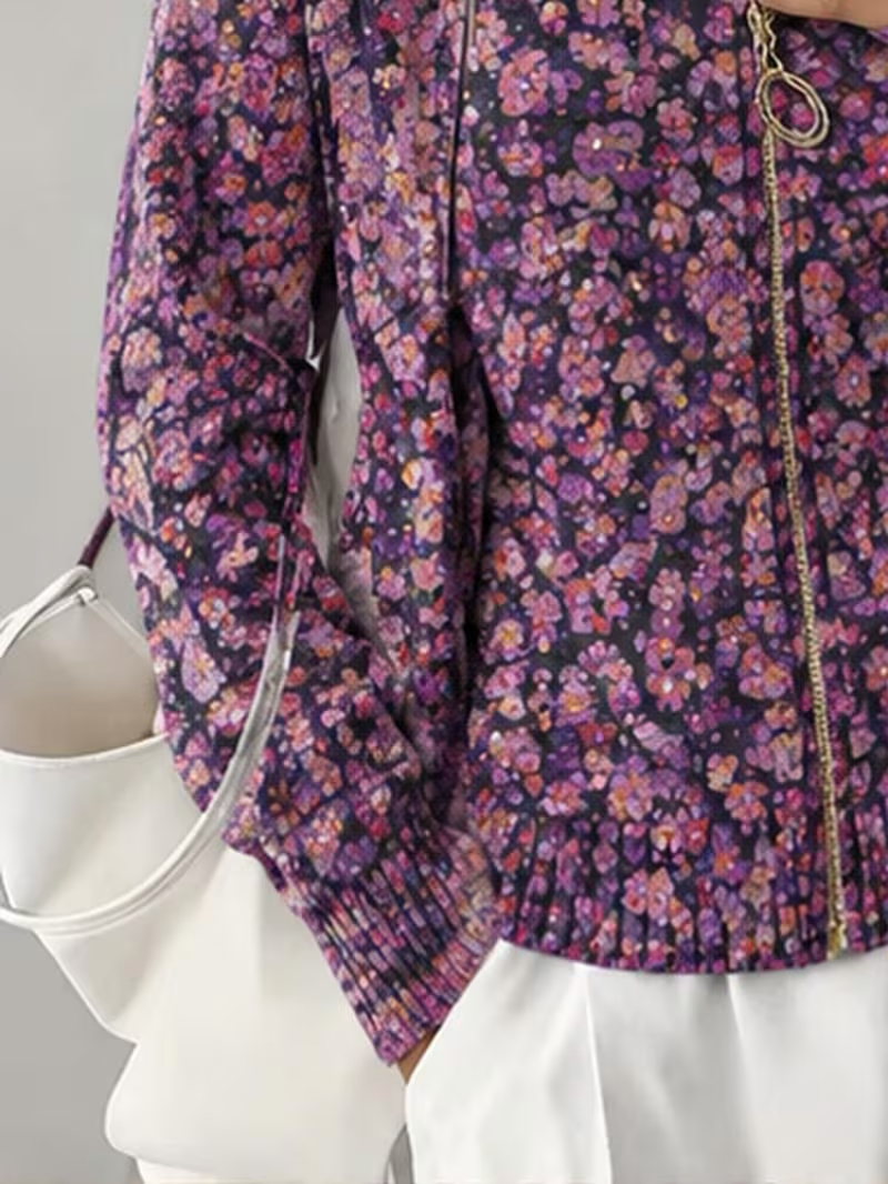 Ditsy Floral Print Zip Front Stand Collar Cardigan