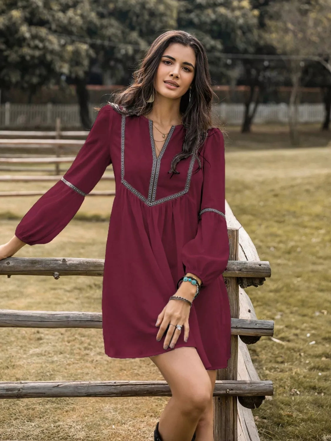 Embroidered Tape Trim Notch Neck Long Sleeve Smock Mini Dress 11